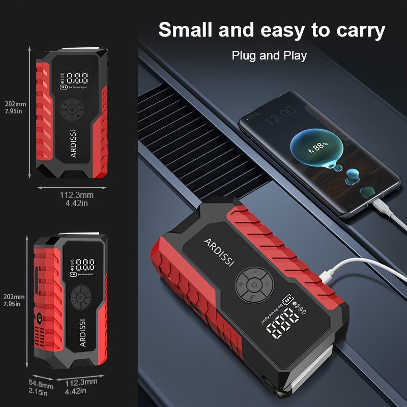 10000A 7-In-1 Multifunctional Emergency Jump Starter with 150PSI Air Pump, Digital Tire Inflator, Portable Car Battery Charger, Up to 2.64gal Gas/2.38gal Diesel, LED Emergency Light & USB Charging, Car Emergency Tool. Suitable As a Holiday Gift