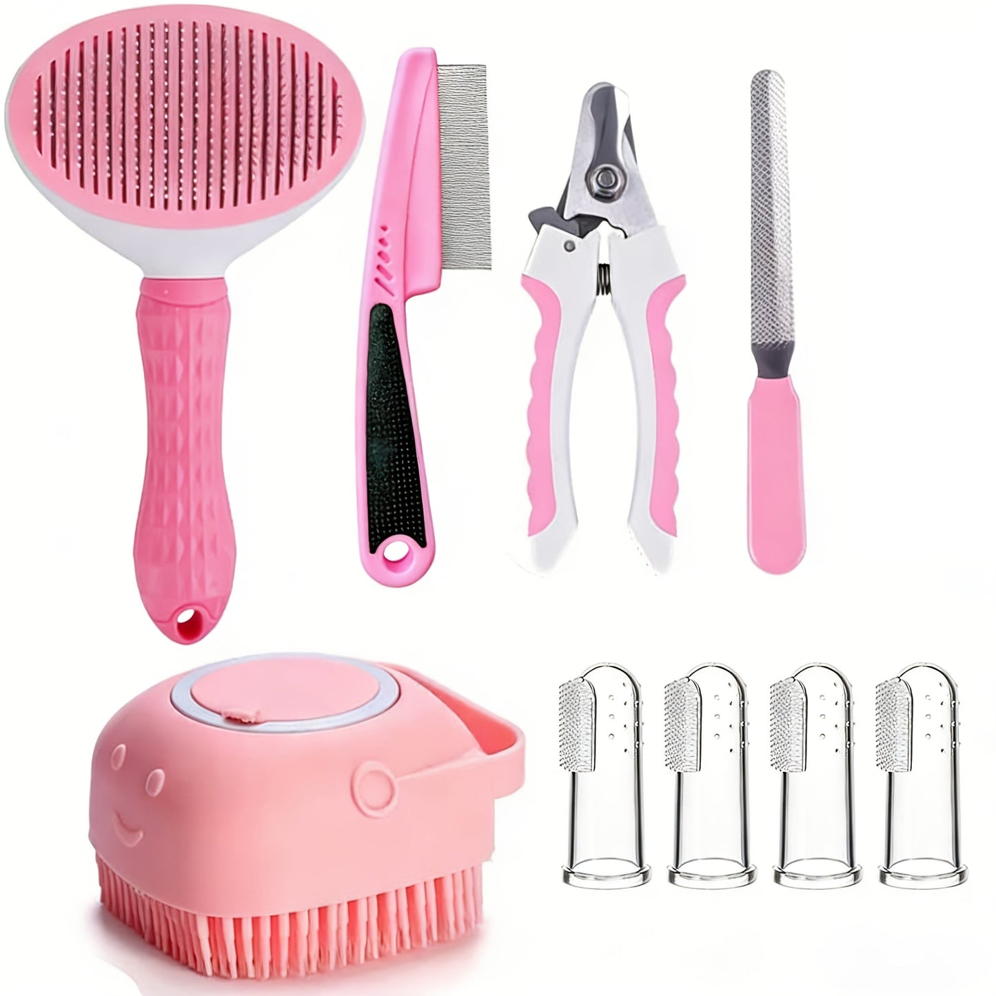 Cat & Dog Grooming Set 9-in-1 & 11-in-1 – Self-Cleaning Slicker Brush, Nail Clippers & File, Flea Comb, Shampoo Brush, Finger Toothbrush & Storage Bag, No Battery, Pink or Blue
