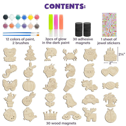 Glow in the Dark Craft Kit for Kids – 30pcs DIY Wooden Fridge Magnets Painting Set with Gem Stickers, Wood Art Activity, Party Favor Birthday Christmas Gift for Girls Boys Ages 6+