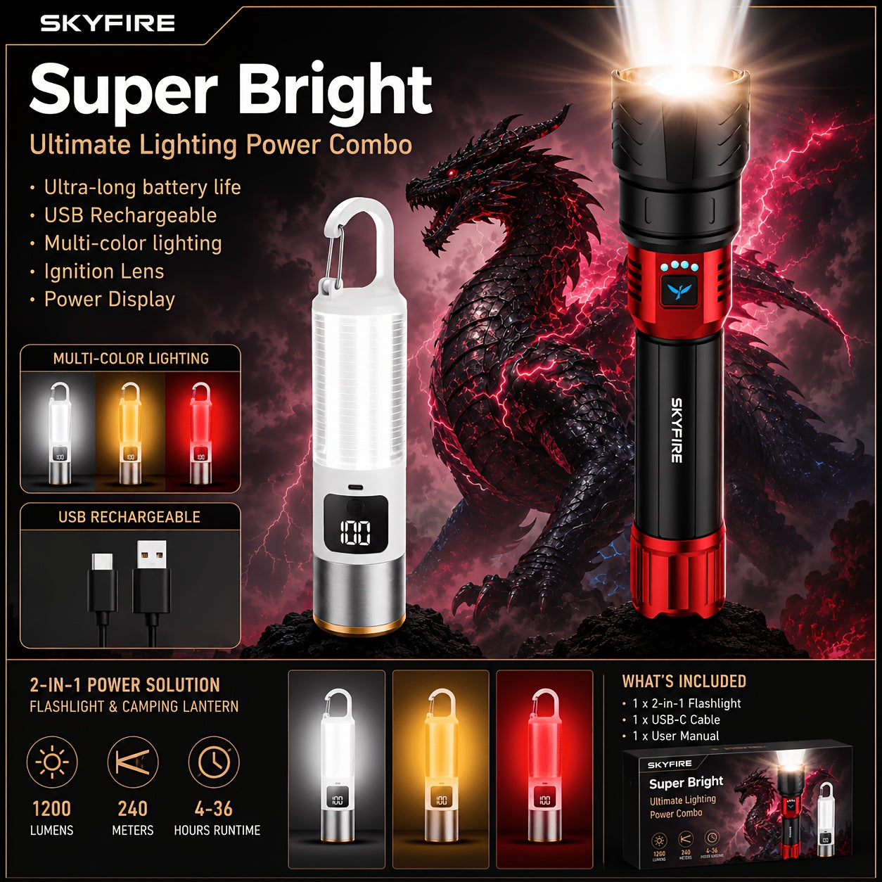 High Lumen LED Flashlight Zoomable 4 Modes Rechargeable Cycling Light for Camping Outdoor Household Use