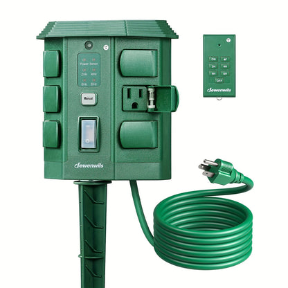 Outdoor Power Stake Timer 6 Outlet Weatherproof – 100FT Wireless Remote Control, Dusk to Dawn Photocell Sensor, 7 Timer Modes, 6FT Cord, Overload Protection for Garden Yard Christmas Holiday Lights