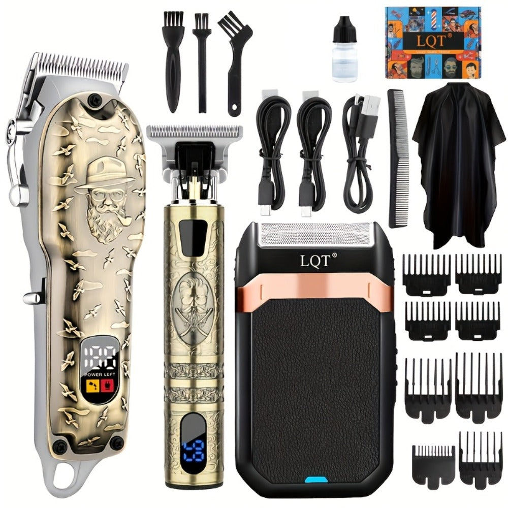 Electric Hair Clipper Set for Men - LQT USB Rechargeable 2000mAh with Engraving Scissors Metal Digital Display Cordless Barber Kit 2 3 4 Piece Home Salon Bronze Gift
