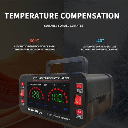 Car Battery Charger 12V/24V with LCD Display – Fast Charging Portable Maintainer for Cars, Trucks, RVs & Motorcycles, Overcharge Protection, Lead-Acid Compatible