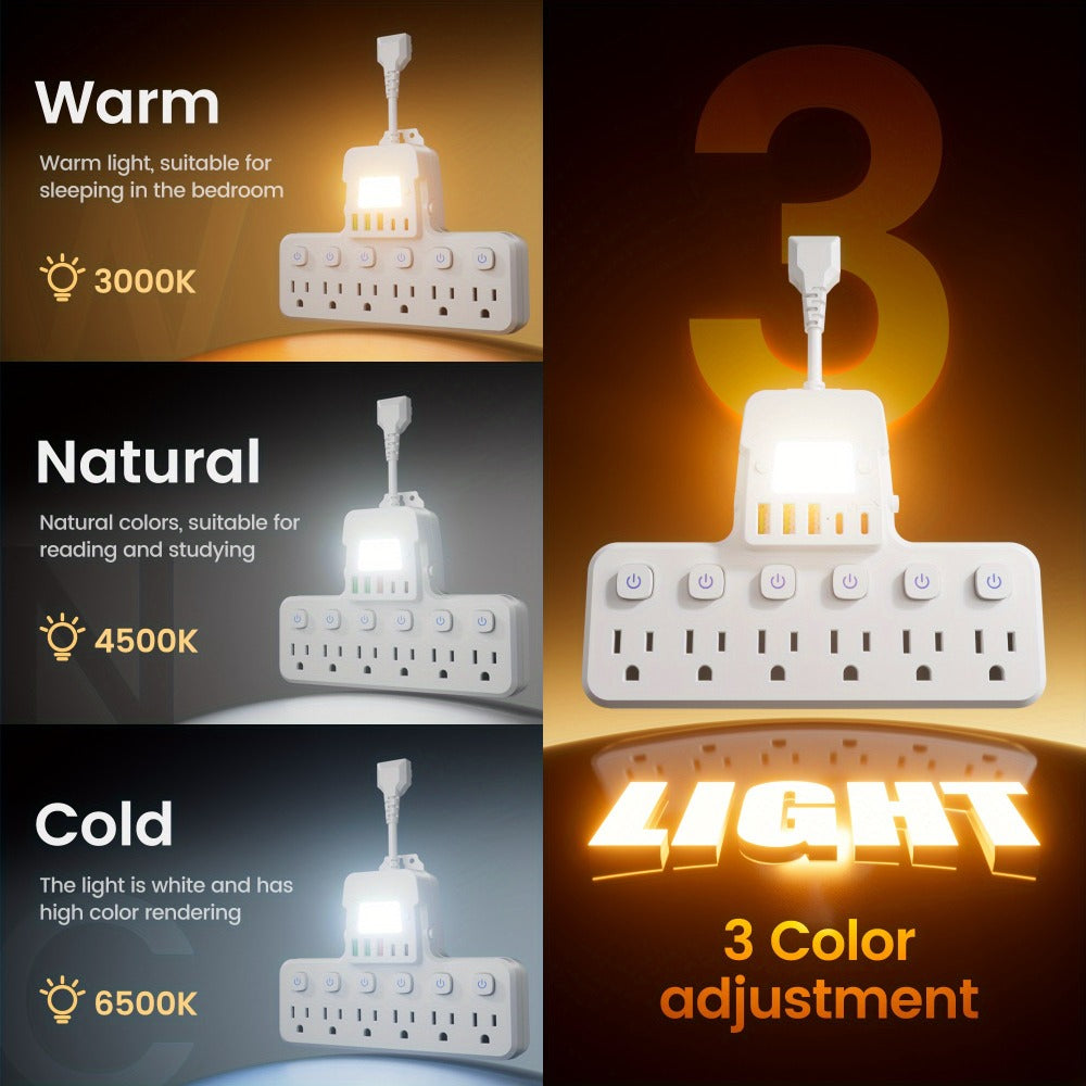 Desktop Power Strip 11-in-1 with 6 AC Outlets 3 USB-A 2 USB-C Ports 6 Individual Switches Multifunctional Charging Station for School Studio Workshop Home Office Desk