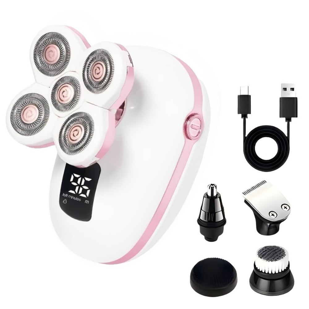 5-in-1 Electric Shaver for Men and Women IPX6 Waterproof — USB Rechargeable Body Hair Trimmer Grooming Kit with Interchangeable Heads for Bald Head, Hair, Nose, Sideburn & Facial Cleansing (Pink/Blue/Black)