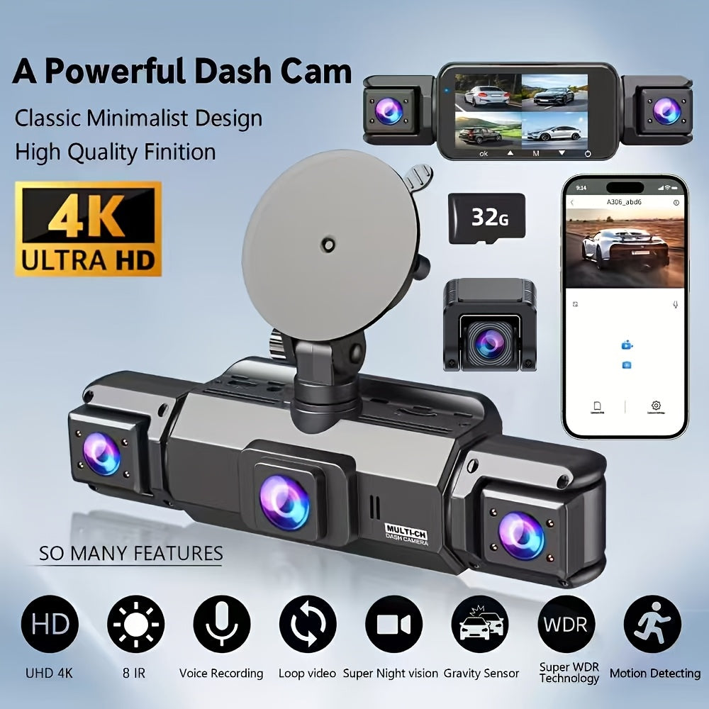 FOXGOD Dash Cam for Cars, 3/4-Channel 4K+1080P HD Ultimate Safety Driving Recorder Set, Front 4K or So Rear 1080P, Super Night Vision, WDR, G Sensor, Circular Video, Optional Memory Card and Lens - Safe Driving Black Box