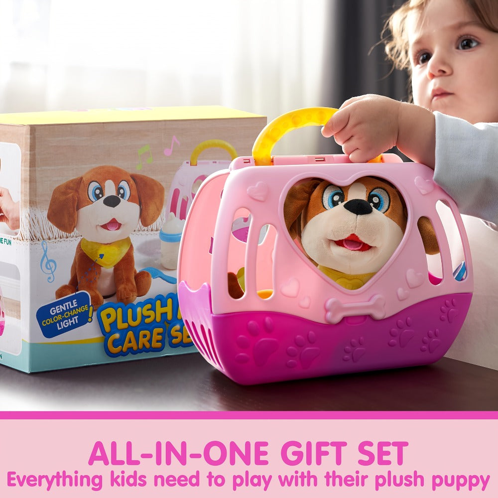 Interactive Plush Dog Toy for Toddlers with Carrier Set Music Lights Sounds Soft Breathing Glow Puppy Pet Toy with Accessories Birthday Gift for Girls 18 Months 2 3 Year Old