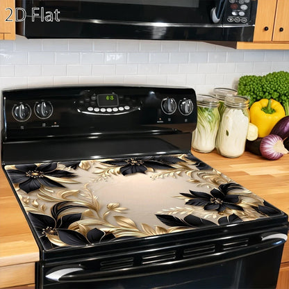 Gas Stove Protector Mat Luxury Black Gold Floral | Heat-Resistant Stain-Proof Cooktop Cover | Reusable for Induction Cooker, Glass Cooktop, Oven & Washer Dryer Top