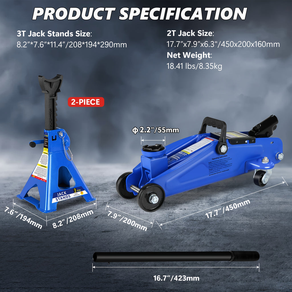 3.5T 2.5T 2T Optional Steel Floor Jack Quick Rise Piston Pump Low Profile, Hydraulic Trolley Car Jack with 2 Ratchet 3 Ton Jack Stands, Truck Jack Combo, Service Jack, Farm Jack Tire Repair