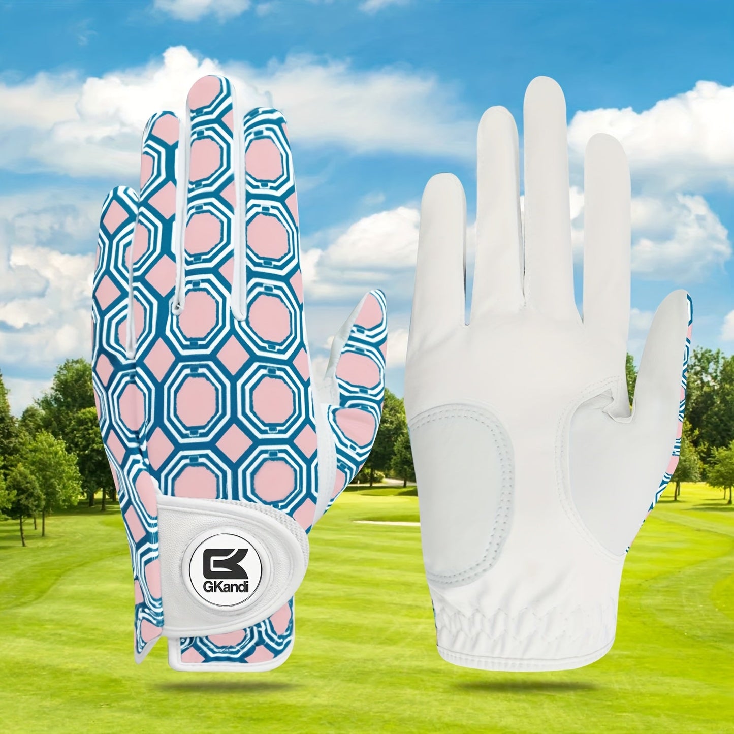 Women's Golf Gloves Left Hand with Ball Marker – All-Weather Grip Leather Golf Glove for Ladies Right-Handed Golfers, Colorful Design, Sizes S M L – Pink & Blue