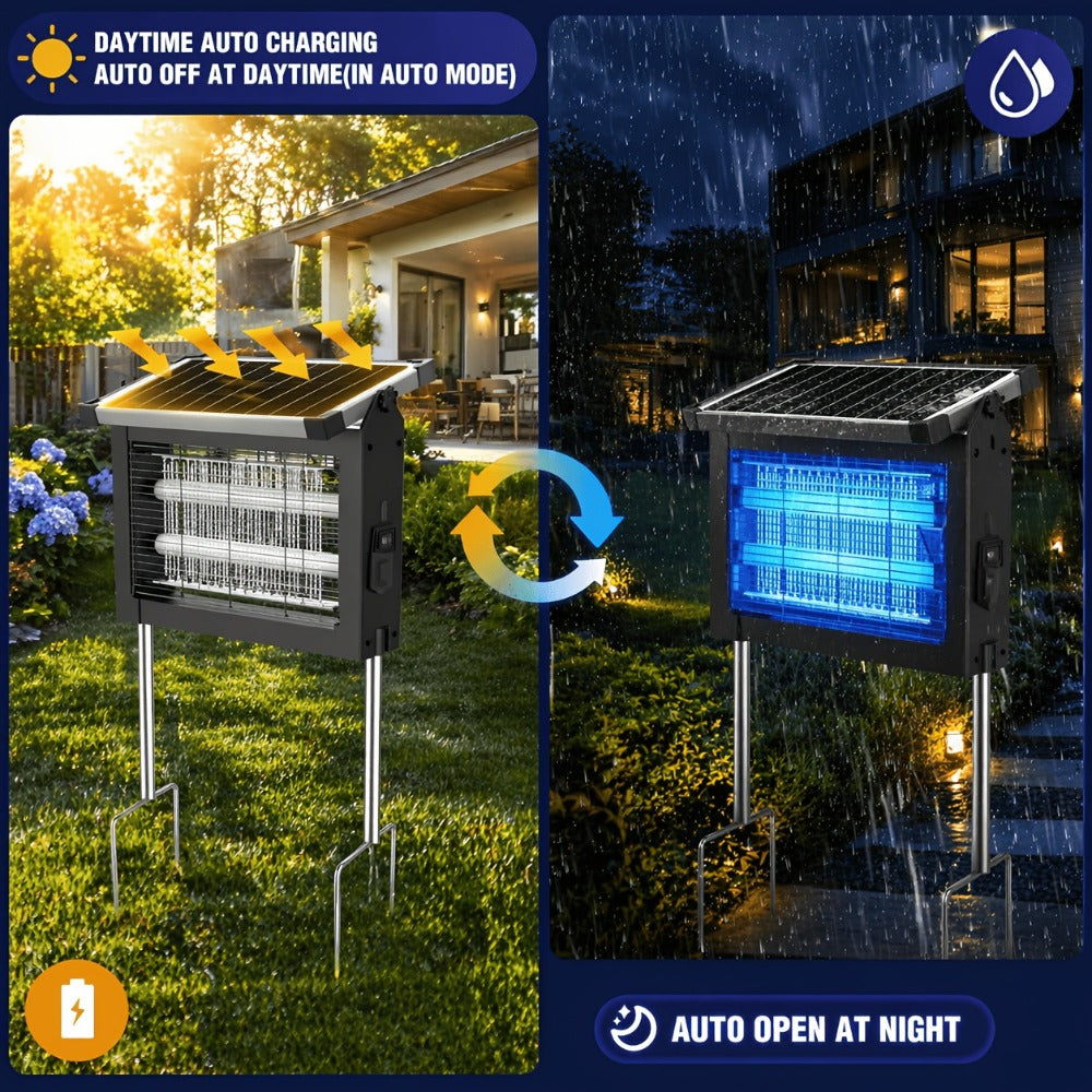 Solar Bug Zapper Outdoor 4200V – Solar Powered Mosquito Killer with Auto/Manual Dual Mode, 2100 Sq.Ft Coverage, 12H Runtime, 3-Way Charging, 10FT Cord, Safe for Family & Pets, for Patio, Garden & Camping