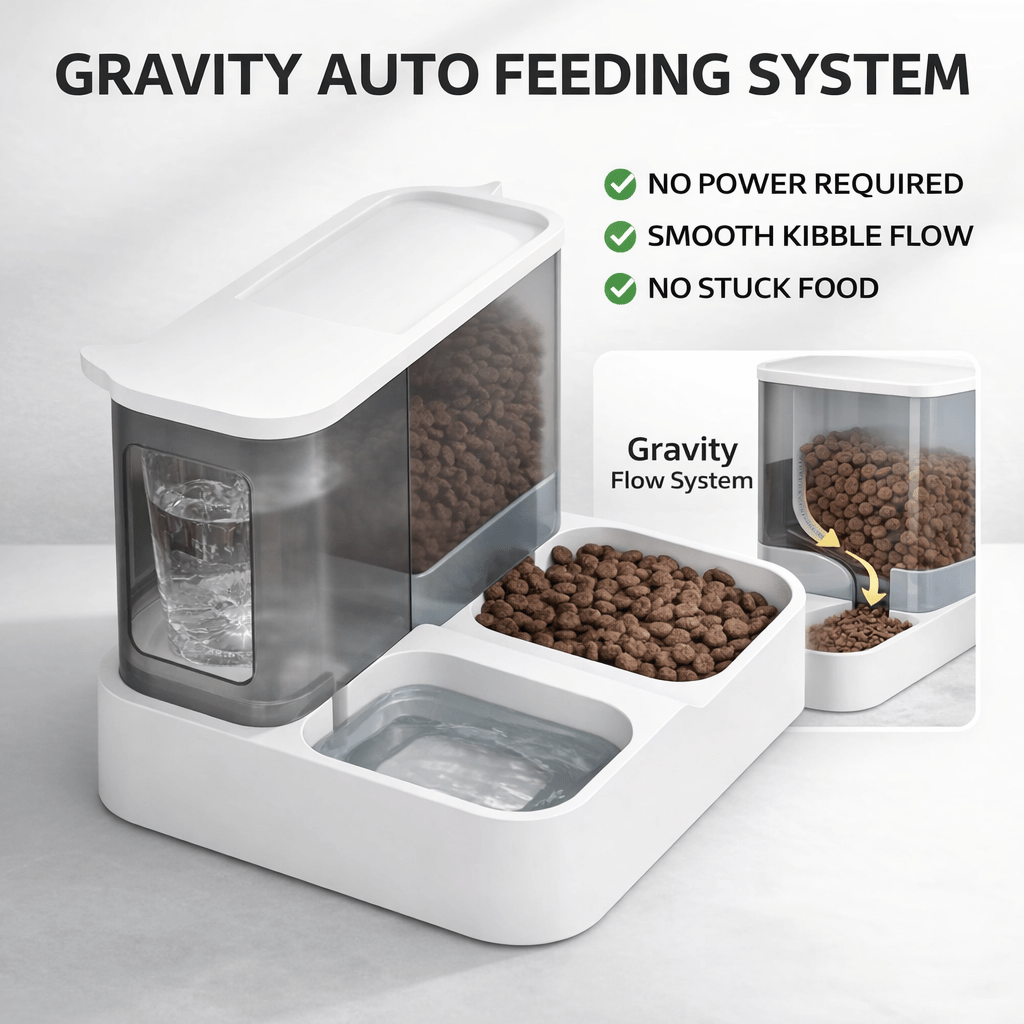 Gravity Dog Feeder & Waterer Set – 2.8L Food Container + 1L Water Tank, Dual Bowl Automatic Feeding Station, No Electricity, Visible Storage for Small & Medium Dogs