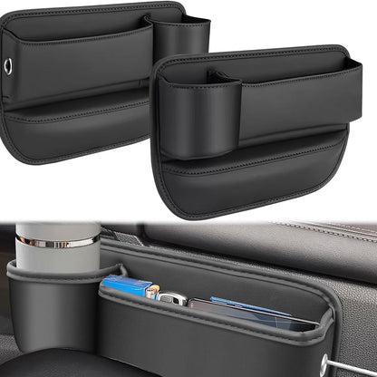 [Car Seat Organizer] 2pcs Car Seat Gap Organizer with Cup Holder, Adjustable PU Leather Car Side Seat Storage Box, Multi-Functional Interior Storage Organizer for Phone, Keys, Fashion Glasses, and Cards, Black