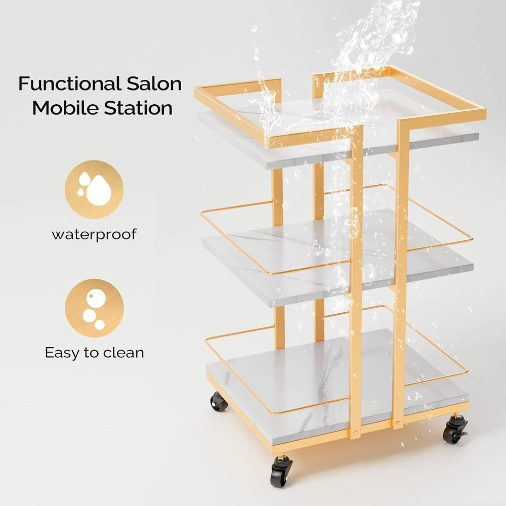 3-Shelf Rolling Salon Cart with Lockable Wheels 130lbs per Shelf – Heavy Duty Metal Frame Waterproof Utility Trolley for Esthetician, Spa, Tattoo, Massage & Manicure, Gold White Rose Gold Black