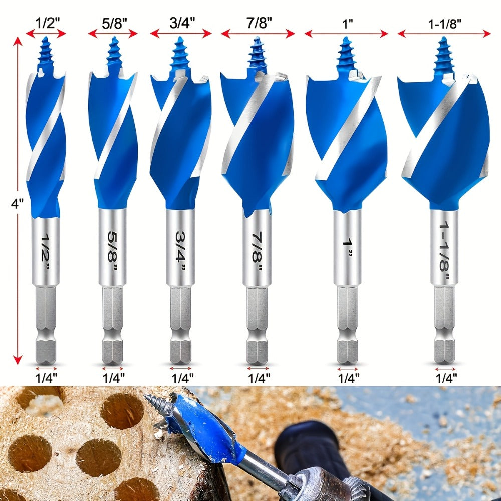 Impact Drill Bit Set 6-Piece Woodworking – 1/2" to 1" Interchangeable Screwdriver Bits, 4-Inch Length with Storage Box, Multi-Size Spade Bit Kit for Wood Drilling & DIY Projects