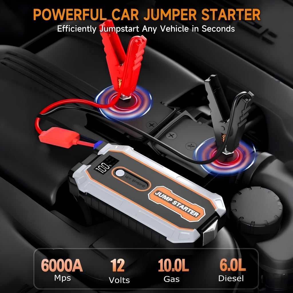Car Jump Starter, 6000A Portable Battery Jumper Starter Pack For 2.64gal Gas 1.59gal Diesel Engines, 12V Car Battery Booster Box With LCD Display, LED Flashlight, USB Charger Power Bank