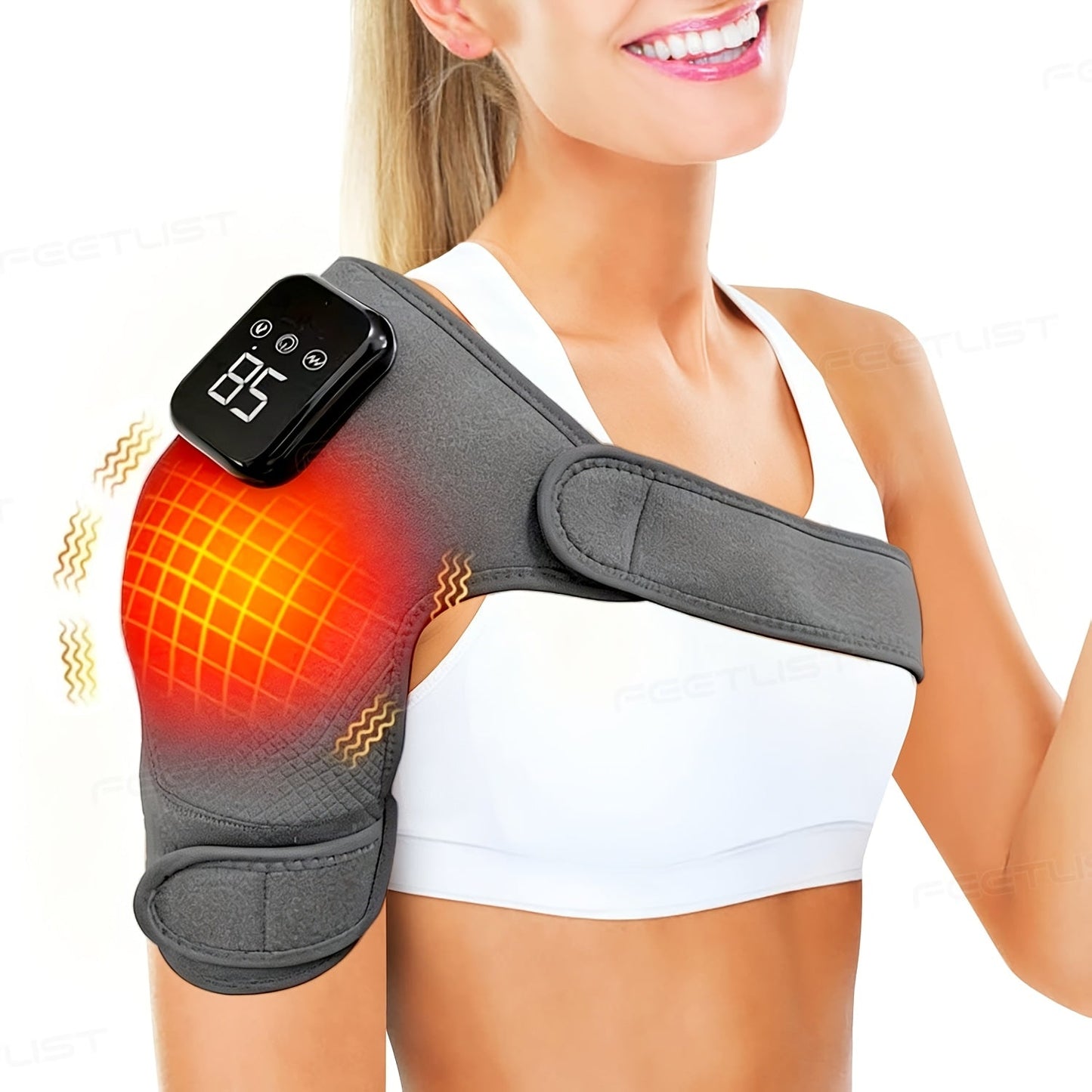 Cordless Heated Shoulder Massager with Vibration – 3 Heat Levels & 3 Vibration Intensities Electric Heating Pad for Shoulder, Elbow & Knee Pain Relief, LED Touch Screen, USB & Battery Powered