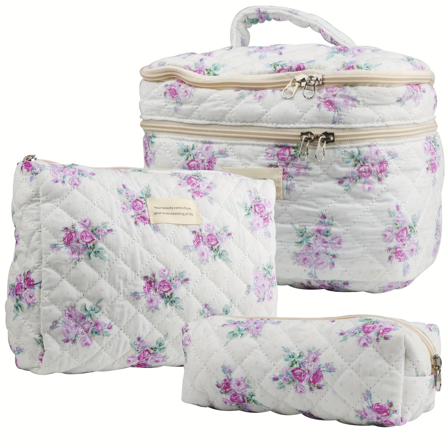 Makeup Bag Set 3 PCS Quilted Cotton Dual Layer Large Capacity Floral Coquette Aesthetic Travel Cosmetic Bag Women Toiletry Organizer Cute Soft Fabric Pouch Blue Pink Purple 6 Styles