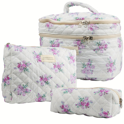 Makeup Bag Set 3 PCS Quilted Cotton Dual Layer Large Capacity Floral Coquette Aesthetic Travel Cosmetic Bag Women Toiletry Organizer Cute Soft Fabric Pouch Blue Pink Purple 6 Styles