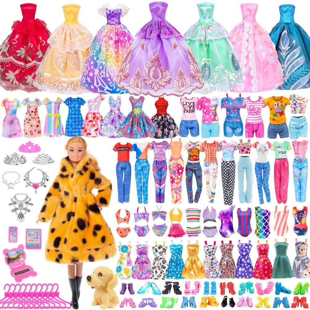 Fashion Girl Doll 11.5 Inch with Clothes Accessories Set – Includes Doll Fur Coat Princess Gowns Fashion Dresses Shoes Crowns Necklaces Pet Dog Creative Gift for Girls Ages 4-12 Birthday Christmas