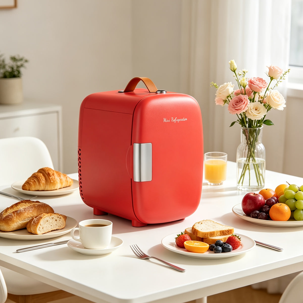 Portable 1.06gal Mini Fridge, Ultra-Thin, Semiconductor Cooling, Ultra-Quiet& Low Energy, Supports 110V AC/ 12V DC, Fits 6 Cans for Bedroom, Skincare, Drinks, Dorm& Car