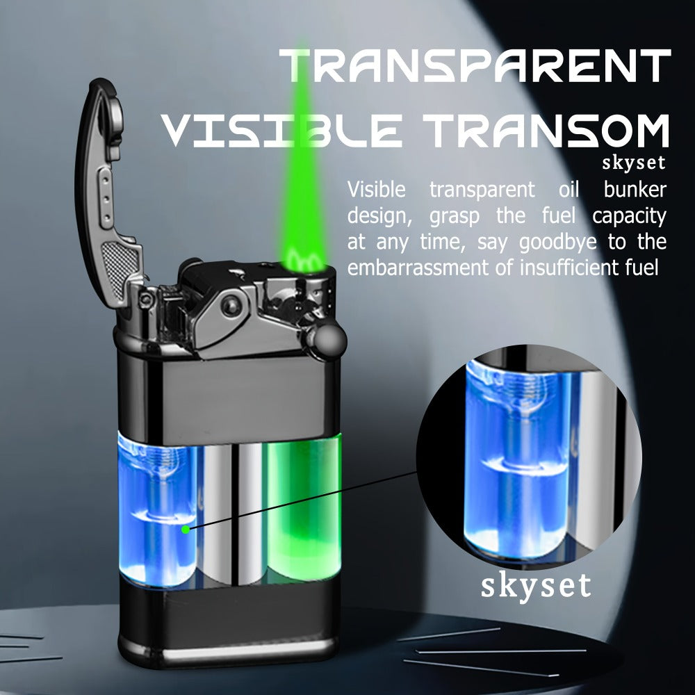 Green Flame Metal Lighter Windproof – Refillable Butane Gas Lighter with Adjustable Flame, Fuel Window & Rocker Arm Ignition, Cool Multifunctional Lighter for Outdoor Camping BBQ Cigars (No Butane)