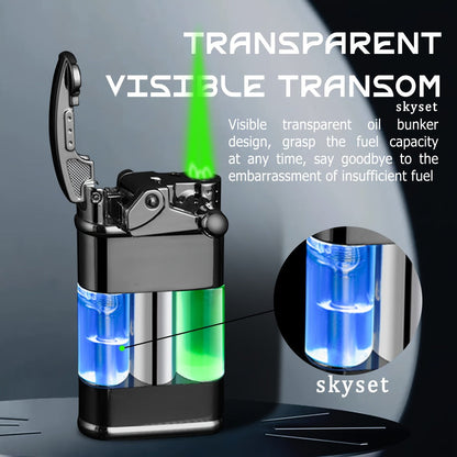 Green Flame Metal Lighter Windproof – Refillable Butane Gas Lighter with Adjustable Flame, Fuel Window & Rocker Arm Ignition, Cool Multifunctional Lighter for Outdoor Camping BBQ Cigars (No Butane)