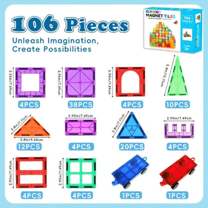 Magnetic Tiles for Kids 80/106/136pcs with 2 Cars – STEM Magnetic Building Blocks Construction Toy Set, Crystal Clear ABS, Sensory Learning Toy for Boys Girls Ages 3 4 5 6 7 8 9+, Birthday Christmas Gift