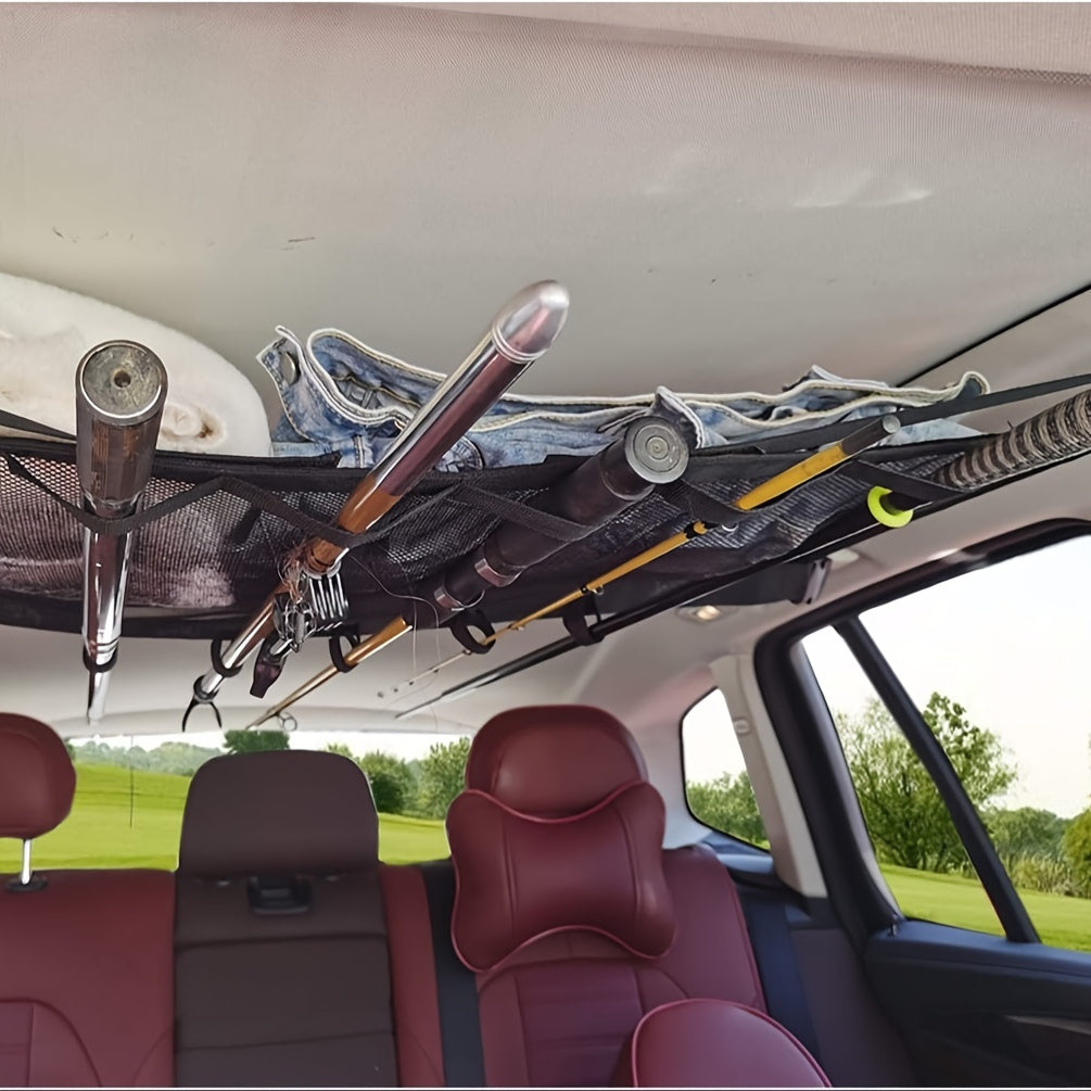 Durable Car Ceiling Mesh Organizer - Easy Install, Space-Saving, Adjustable Straps for SUV, Truck, Van - Fishing Rods Fabric Vehicle Roof Storage Net for Fishing Rods, Ski Poles And Long Gear, Easy Installation.