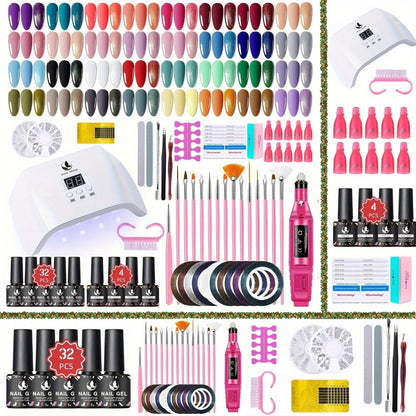 Gel Nail Polish Kit with Lamp and Grinder 35 Colors – Sparkly Matte Glossy Top Coat Base Gel Rhinestone Nail Decorations Complete Set for DIY Beginners Home Salon