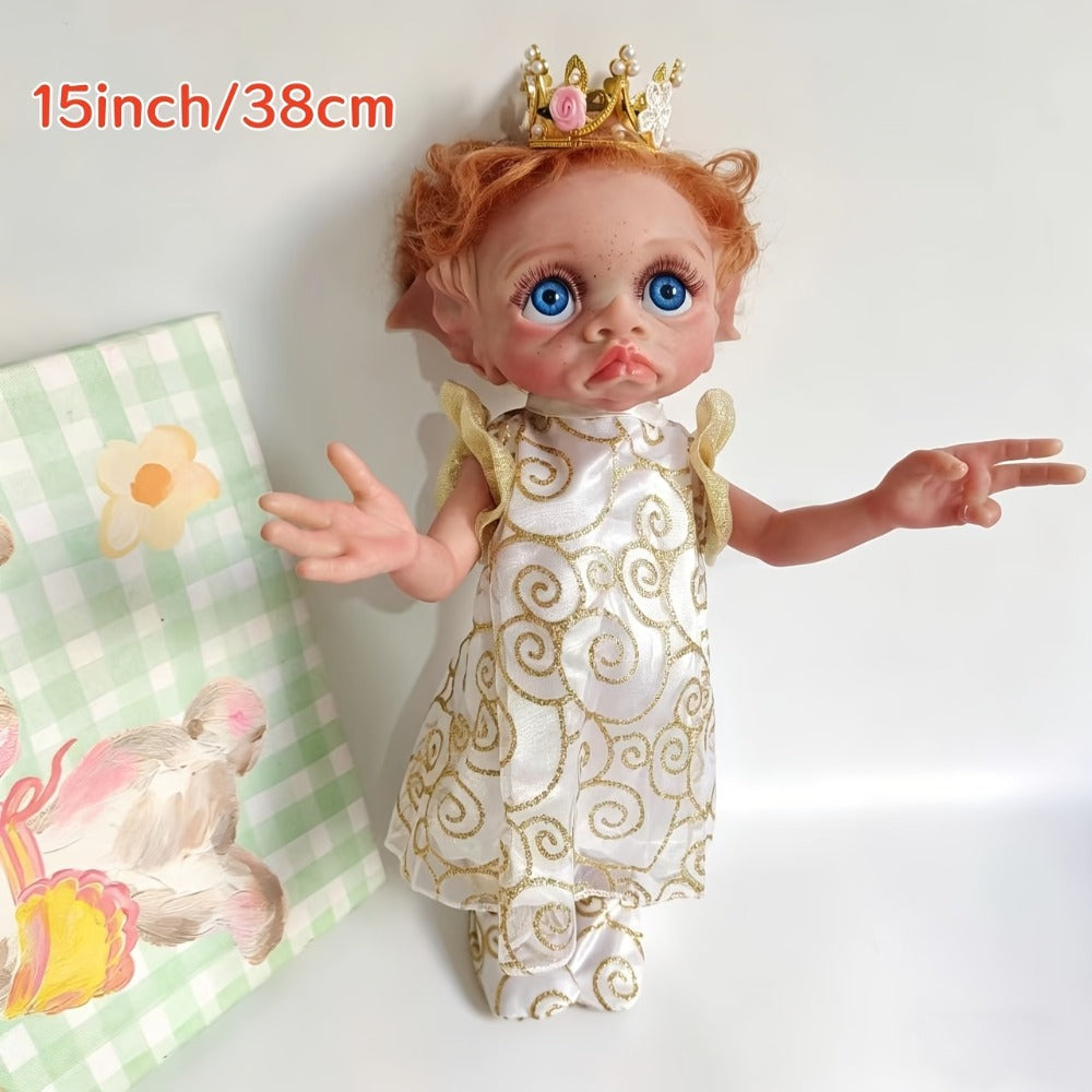 Fairy Elf Reborn Doll 15 Inch Soft Vinyl Full Body Hand-Painted Collectible Art Doll with Wavy Hair & Crown – Poseable Fantasy Girl Doll Gift for Kids Halloween Christmas Birthday