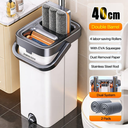 Flat Floor Mop and Bucket Set with Self-Cleaning System – Manual Squeeze Mop for Home, Office, Living Room, Bathroom & Kitchen – ABS, Multisurface, No Electricity Needed (White & Black)