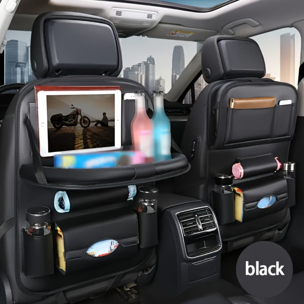 Back Seat Organizer with Foldable Table Tray 2pcs – Kick Mats, Cup Holder, Tissue Box, Umbrella Holder & Laptop Tray – All-in-One Car Rear Seat Storage