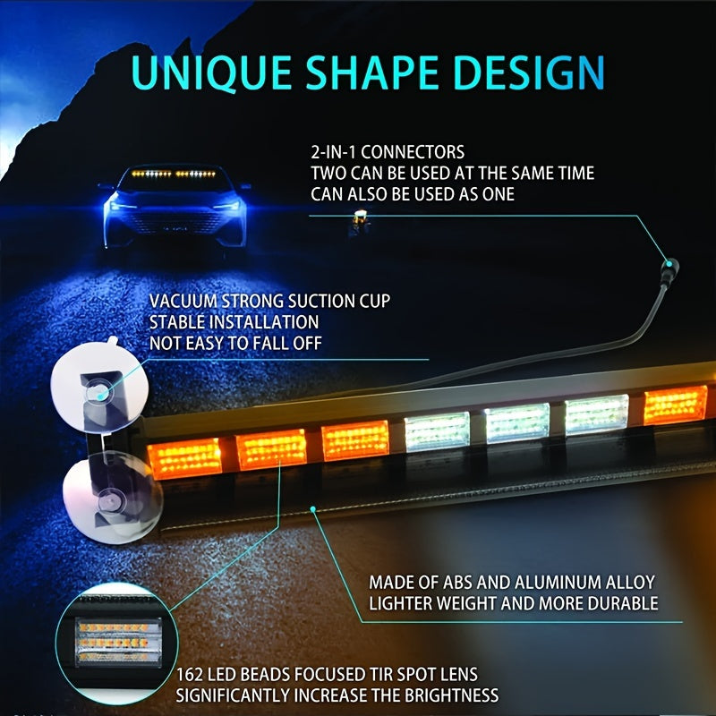 Upgrade Switchable 4 Colors Light Bar with 27 Flashing Patterns Advisor Light Bar 162 Leds Windshield 2in 1 Visor Lights with Take Down with The Dual Switch Car Plug for Trucks Construction Vehicles 12-24V