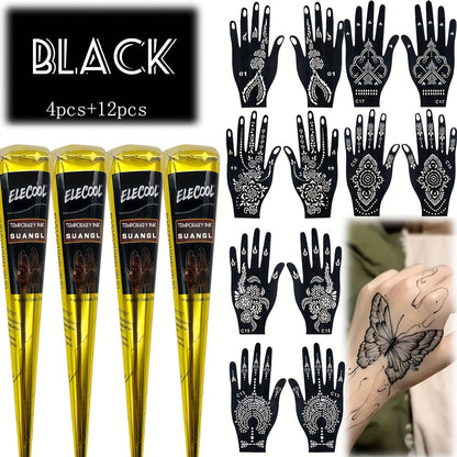 Temporary Semi-Permanent Tattoo Paste Kit - Waterproof Body Art Gel in Brown & Black with Tattoo Templates, Safe Non-Irritating Henna-Style Ink for Parties, Festivals, Cosplay & Daily Decoration