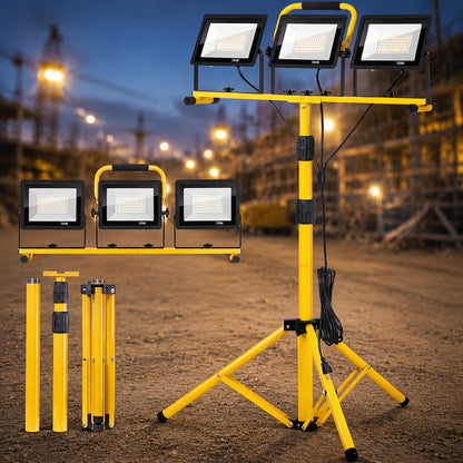LED Work Light with Tripod Stand 21600 Lumen IP66 Waterproof – 216 x 1W High Brightness LED, 360° Rotation, 16.5 Ft Power Cord for Outdoor Workshop Garage Construction Site Commercial Lighting