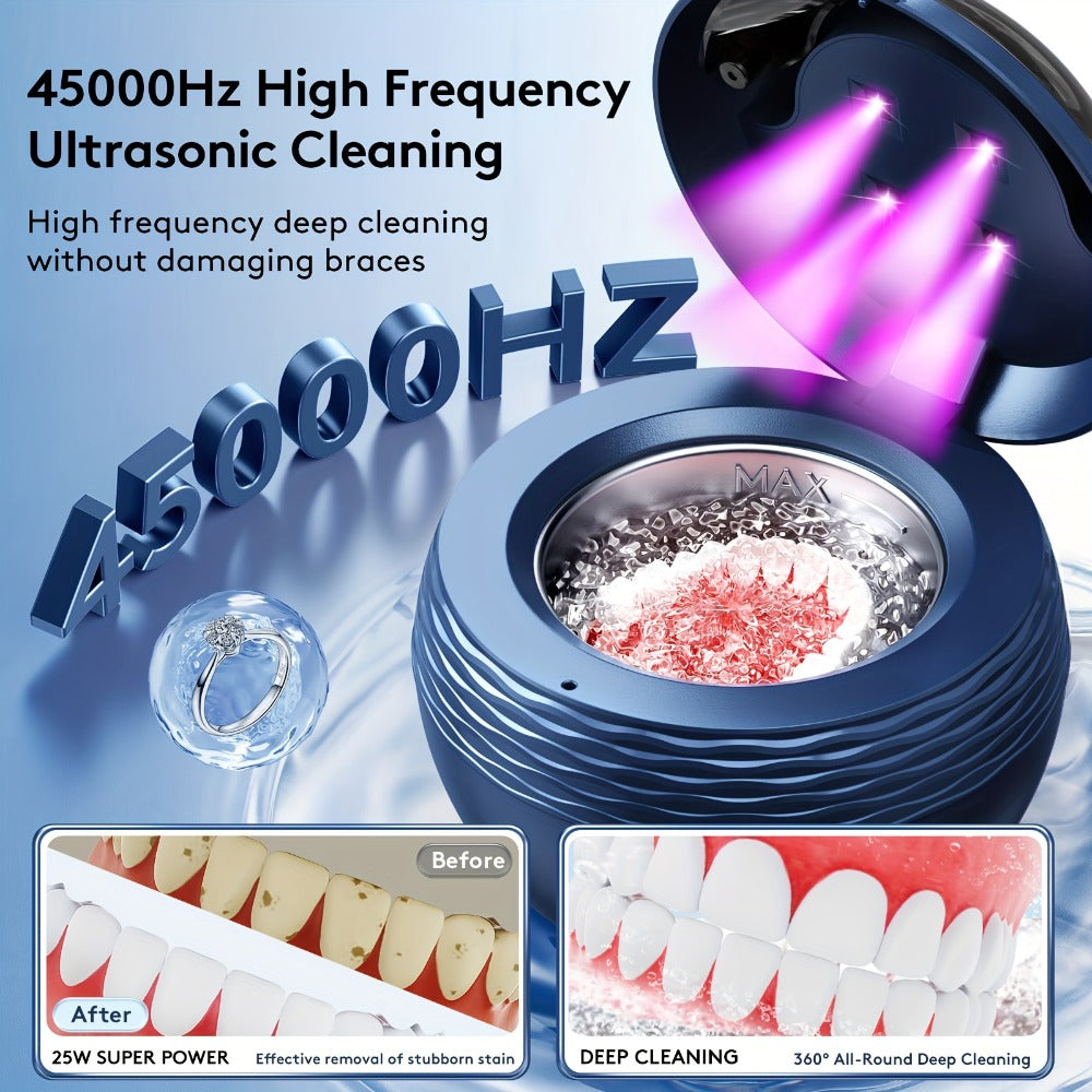 45kHz Ultrasonic Retainer Cleaner Machine with UV Sanitizer Portable Dental Cleaner for Retainers Aligners Dentures Braces Mouth Guard Jewelry 200ml Tank Chemical Free Blue Black White