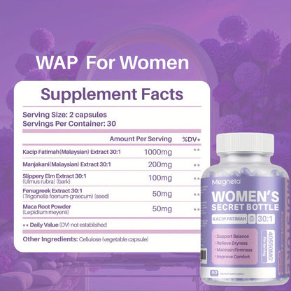 Kacip Fatimah Women's Herbal Capsules with Fenugreek, Maca Root, Manjakani & Slippery Elm Bark - Natural pH Balance, Moisture, Elasticity & Feminine Vitality Support - 60 Capsules 30-Day Supply