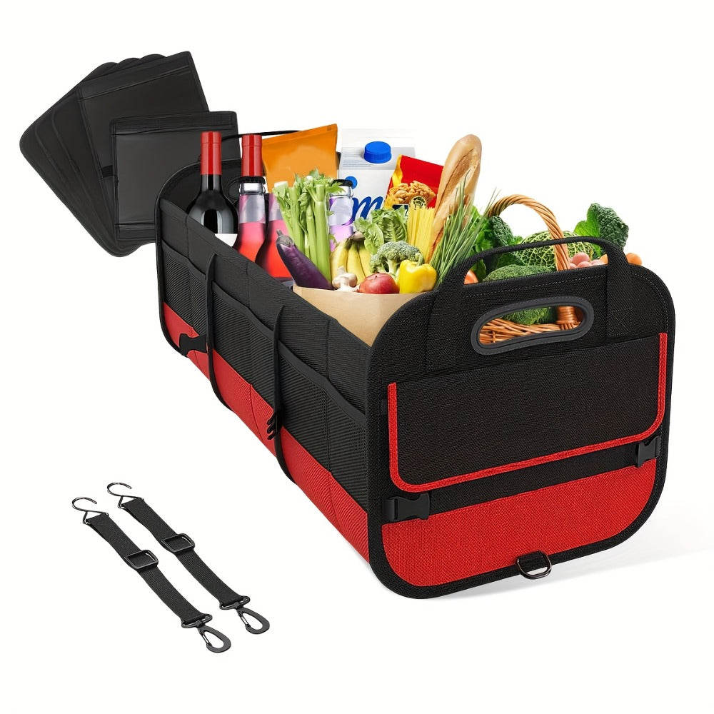 Foldable Car Trunk Organizer 95L – 4-Compartment Storage Box with 2 Retractable Straps, Collapsible Cargo Bin for SUV Truck Minivan – Travel Camping Shopping