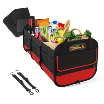 Foldable Car Trunk Organizer 95L – 4-Compartment Storage Box with 2 Retractable Straps, Collapsible Cargo Bin for SUV Truck Minivan – Travel Camping Shopping