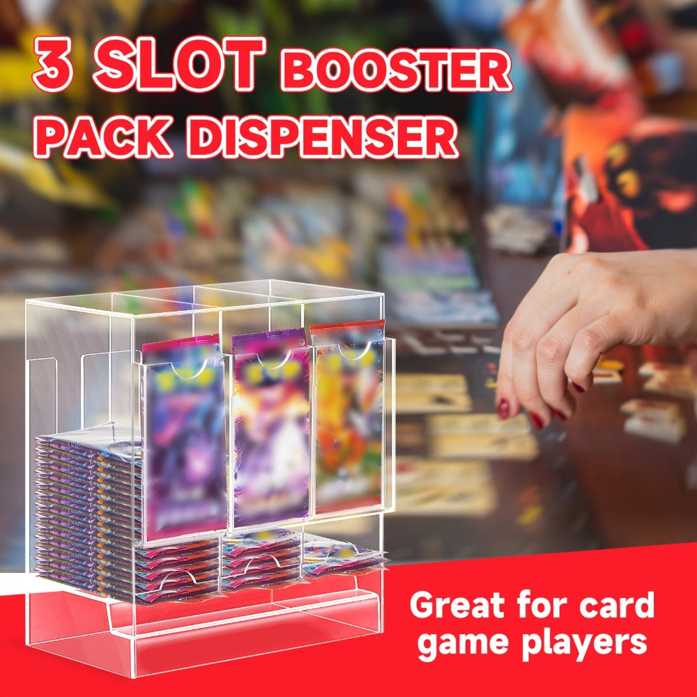 Booster Pack Dispenser Acrylic 3 Slots Clear Display Stand – Trading Card Pack Organizer Rack for Pokemon MTG Yu-Gi-Oh Sports Cards, Card Shop Counter Display Storage