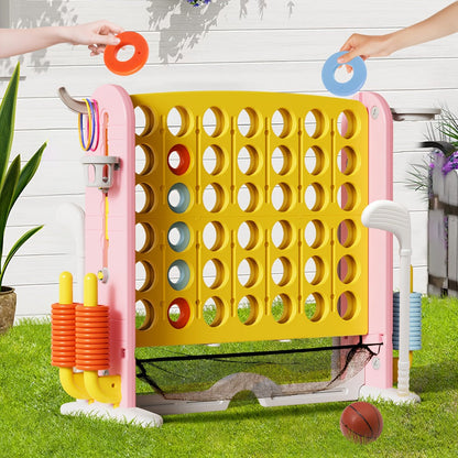 4-in-1 Giant Connect Four Game Set for Kids & Adults – Adjustable Height with Basketball Hoop, Golf Putting, Ring Toss & Jumbo 4-to-Score, Indoor Outdoor Family Party Game