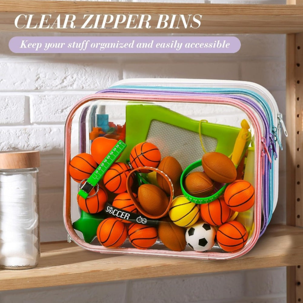 Clear Storage Box Set 4 Pcs Hard Transparent Zipper Organizer Plastic Case S M L XL Makeup Cosmetics Snacks Stationery Kids Toys Multi-Color Purple Blue Pink White