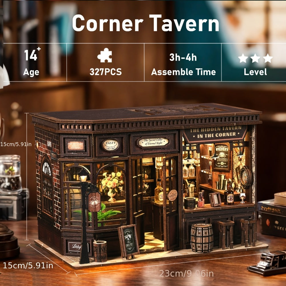 Miniature Book Nook Kit Corner Lounge – DIY 3D Wooden Bookshelf Insert, Cozy Reading Nook Dollhouse Craft for Adults & Teens, Handmade Bookend Home Decor, Unique Birthday Christmas Gift for Book Lovers