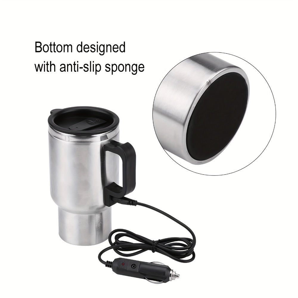 12V Car Electric Heating Travel Mug 450ml, Stainless Steel Car Electric Kettle with Cigarette Lighter Plug, 65°C Keep Warm Coffee Mug Heater for Road Trip Camping