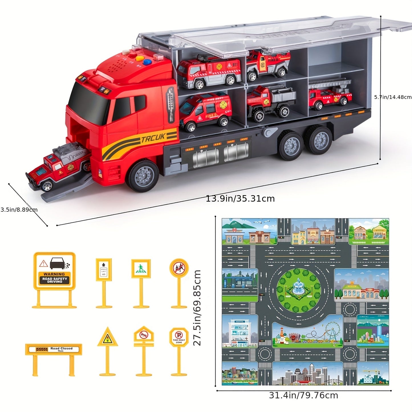 Fire Truck Toy Set for Kids Ages 3-6 – Die-Cast Metal Carrier Truck with Play Mat, Emergency Vehicle Collection, Birthday Christmas Gift for Boys Girls
