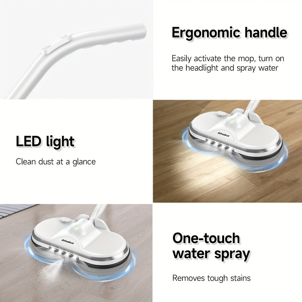 Cordless Electric Spin Mop Floor Cleaner with LED Headlight & Water Spray Tank – Powerful Wireless Spinning Mop for Hardwood & Tile Floors, Quiet Motor, Self-Cleaning & Waxing Function (White)
