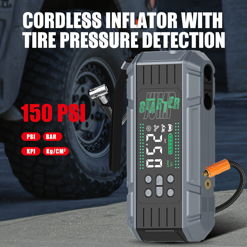 9000A Jump Starter Featuring an Air Compressor, Designed for All Gasoline And 2.11gal Diesel Engines. This Multifunctional Battery Pack Includes a Digital Tire Inflator, Blower Pump, PD65W Fast Charging Technology for Both Input And Output