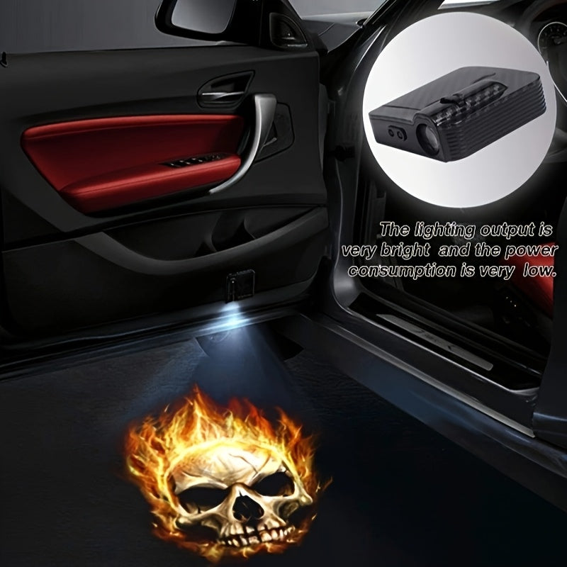 4pcs Flame Skull Ghost Shadow Car Door Welcome LED Projector - Vivid LED Lights For Cars, Bicycles, Etc., Battery Powered, Easy To Install, Car Decorative Lights | Decorative Flame Skull Door Sign Light