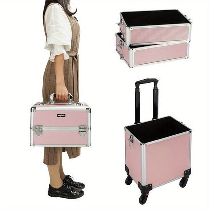 Makeup Train Case Rolling 4-in-1 Aluminum Lockable Trolley with 4 Removable Wheels Collapsible Trays DIY Compartments Telescopic Rod Cosmetic Organizer for Makeup Artists Salon Travel Black Pink Rhinestone